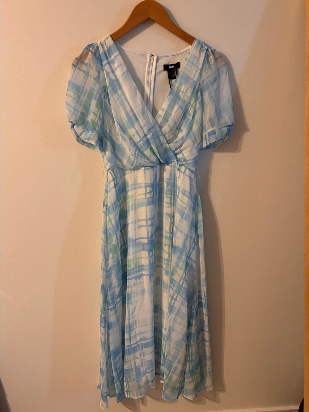 BNWT DKNY Blue, White & Green Plaid Midi Dress Size 2 *MISSING BELT*